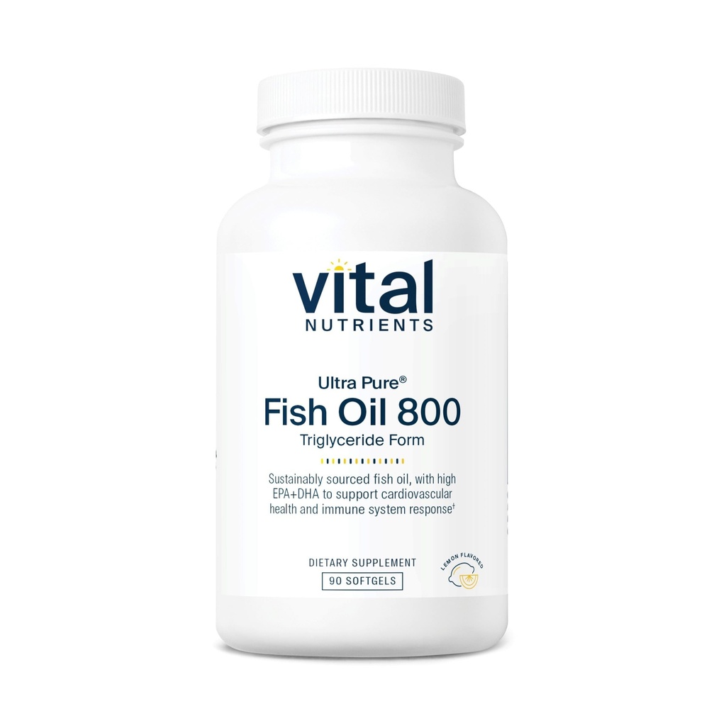 Vital Nutrients Ultra Pure® Fish Oil 800 Triglyceride Form ← Corazón, Cerebro, &amp; Salud Inmune* ← Sostentablemente Fuented High EPA &amp; DHA Omega-3 Fatty Acid ← Lemon Flavor TEN Gluten, Dairy, Soy Free ← 90 Con