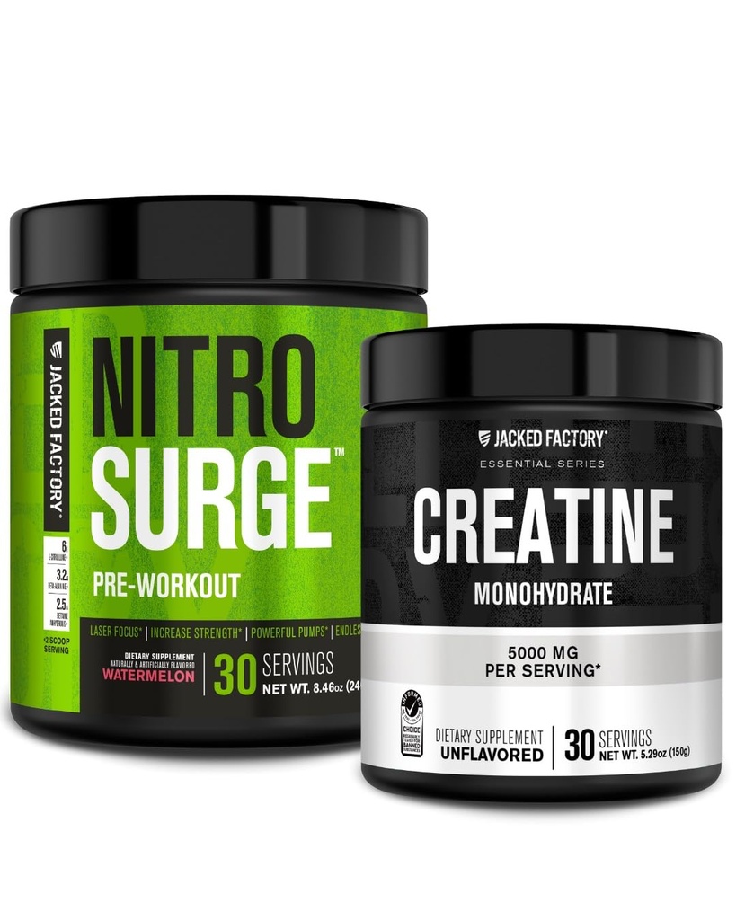 Gato Fábrica NITROSURGE Pre-Workout Suplemento - Bombas intensas (30 Servimientos, sandía) & polvo de monohidrato de crema para el crecimiento del músculo (30 Servimientos, Desflavorados)