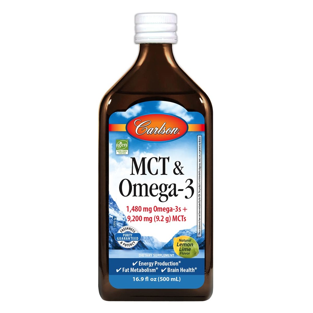 Carlson - MCT & Omega-3, 1480 mg Omega-3, 9200 mg MCT, Keto-Friendly, Caprílico & Capric Acids, Producción de Energía, Metabolismo Gordo, Limón-Lime, 500 mL (16.9 Fl Oz)