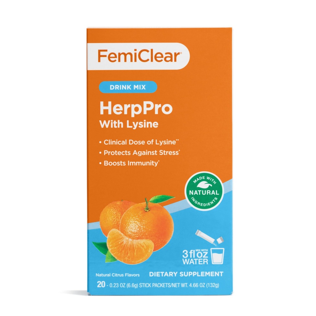FemiClear HerpPro Drink Mix, con L-Lysine 3000mg, Zinc, Vitaminas A & C, Ashwagandha, Immunity & Stress Supplement for Women &amp; Men, 20 Stick Packets