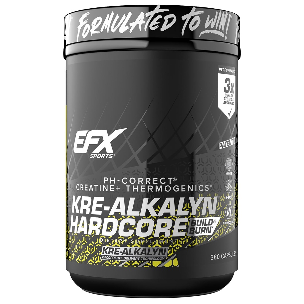 EFX Sports Kre-Alkalyn Hardcore  Thermogenic pH Correct Creatine Monohydrate Pill Supplement TEN Energy &amp; Strength Pre Workout ← 126 Servings, 380 Capsules