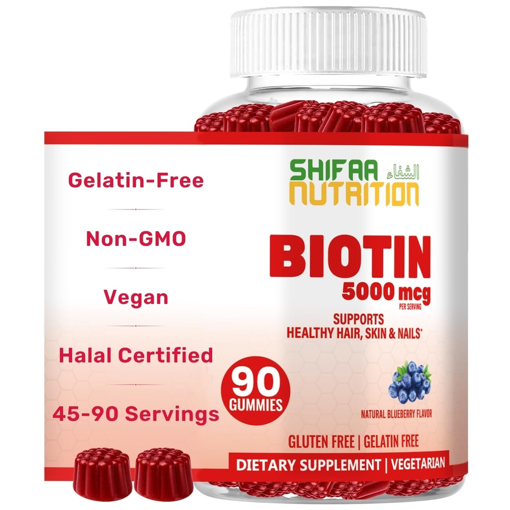 SHIFAA NUTRITION Vegan Biotin Gummies for Adult &amp; Kids TEN 90 Gummies TEN 5000 mcg 45 Servings ← Non-GMO TEN Gluten, Gelatin, Peanuts, Egg &amp; Dairy Free ← Biotin Gummy Vitamins for Hair, Skin & Nails Halal