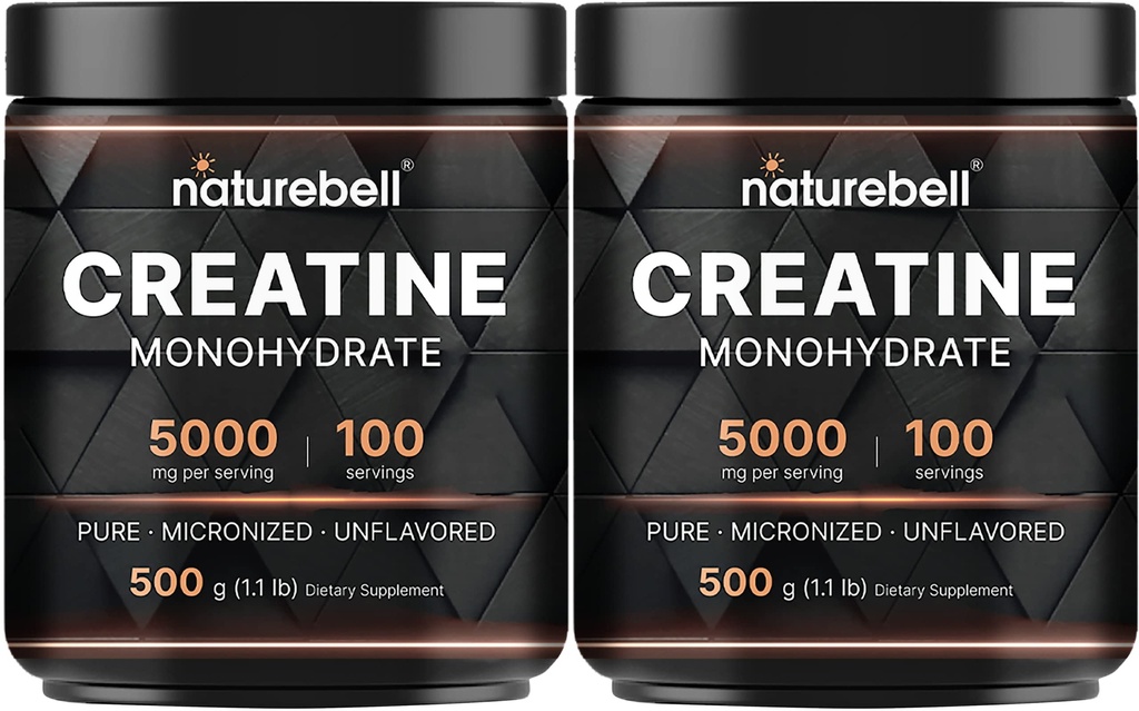 NatureBell 2 Pack Creatine Monohydrate Powder 500g, 5,000mg Por Serving ¦ Micronized, Pure " Unflavored ANTE Pre-Workout Muscle Support ⋅ Keto, Vegan, Filler-Free TEN 200 Servings (2.2 lb)