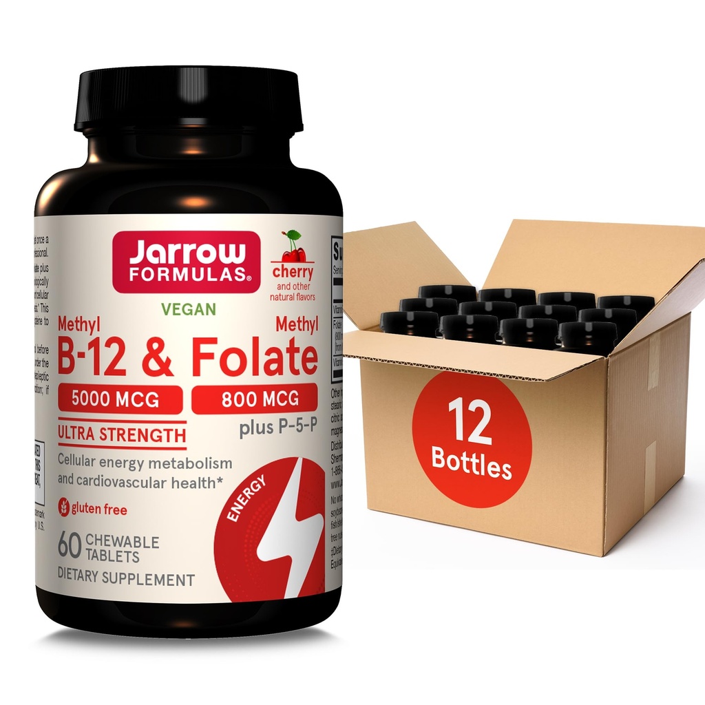 Jarrow Formulas Ultra Strength Methyl B-12 5000 mcg & Methyl Folate 800 mcg + P-5-P, Supplement for Cellular Energy Metabolism and Cardiovascular Support, 60 Chewable Tablets, 60 Day Supply, 12 Packs