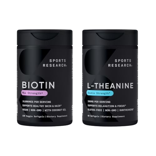 Investigación Deportiva Vegan Biotina 10.000mcg con aceite de coco Max Strength Vitamin B7 120 Softgels (4 mes de suministro) y doble fuerza L-Theanine Suplemento para Focus, Relax &amp; Alertness 200mg 60 Con
