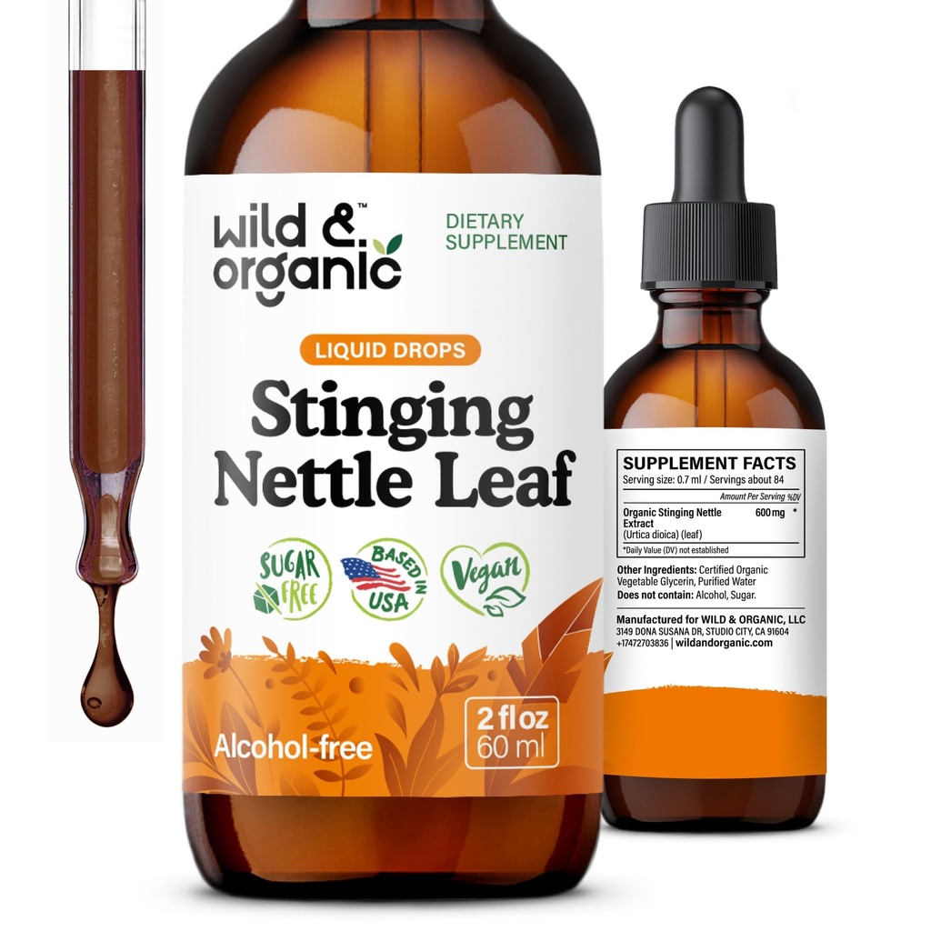 Wild &amp; Organic Stinging Nettle Leaf Extract Drops - Urinary Tract Support - Liquid Stinging Nettle Supplement - Urtica Dioica Tincture - 2-Month Supply - Vegan, Sugar &amp; Alcohol-Free - 2 fl oz