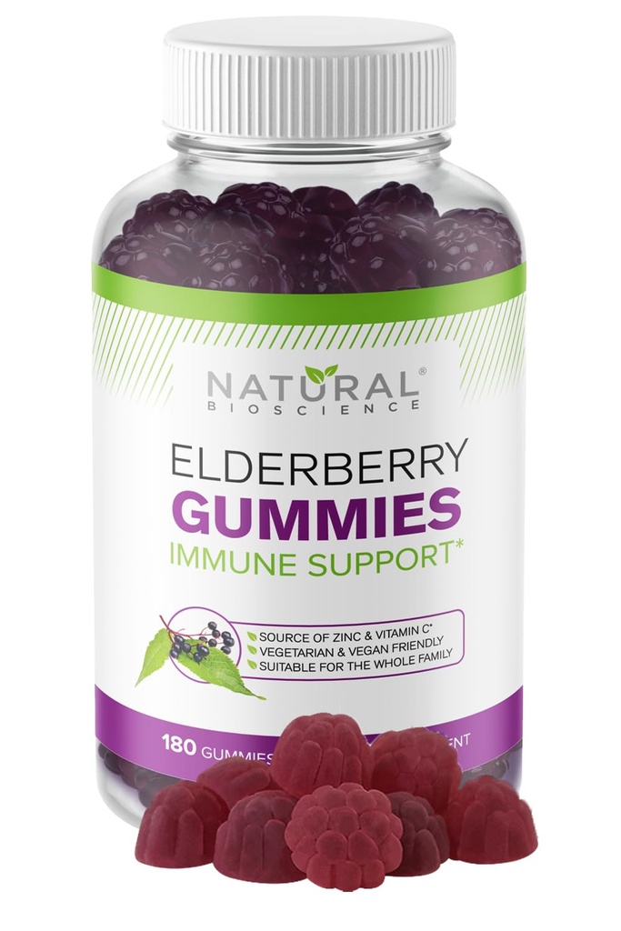 Natural BioScience Sambucus Elderberry Gummies with Vitamin C & Zinc, Immune Support for Adults &amp; Kids, Daily Antioxidant & Wellness Boost, 180 Vegan, Gluten-Free, Chewable Elderberry Gummies