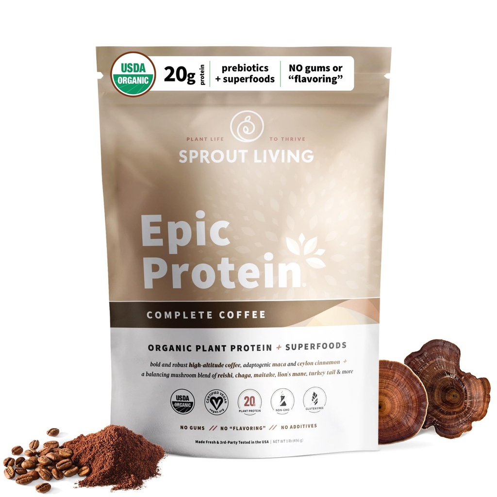 Sprout Living, Epic Protein, Plant Based Protein & Superfoods Powder, Full Coffee TEN 20 Grams Organic Protein Powder, Adaptogens, Mushrooms, Vegan, Non-GMO, Gluten Free (1 Libra, 12 Servings)
