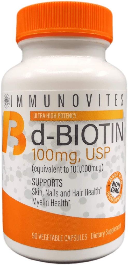 IMMUNOVITES High Dose Biotin (como d-Biotin, USP) 100mg (Equivalente a 100.000mcg) 90 cápsulas, alta potencia