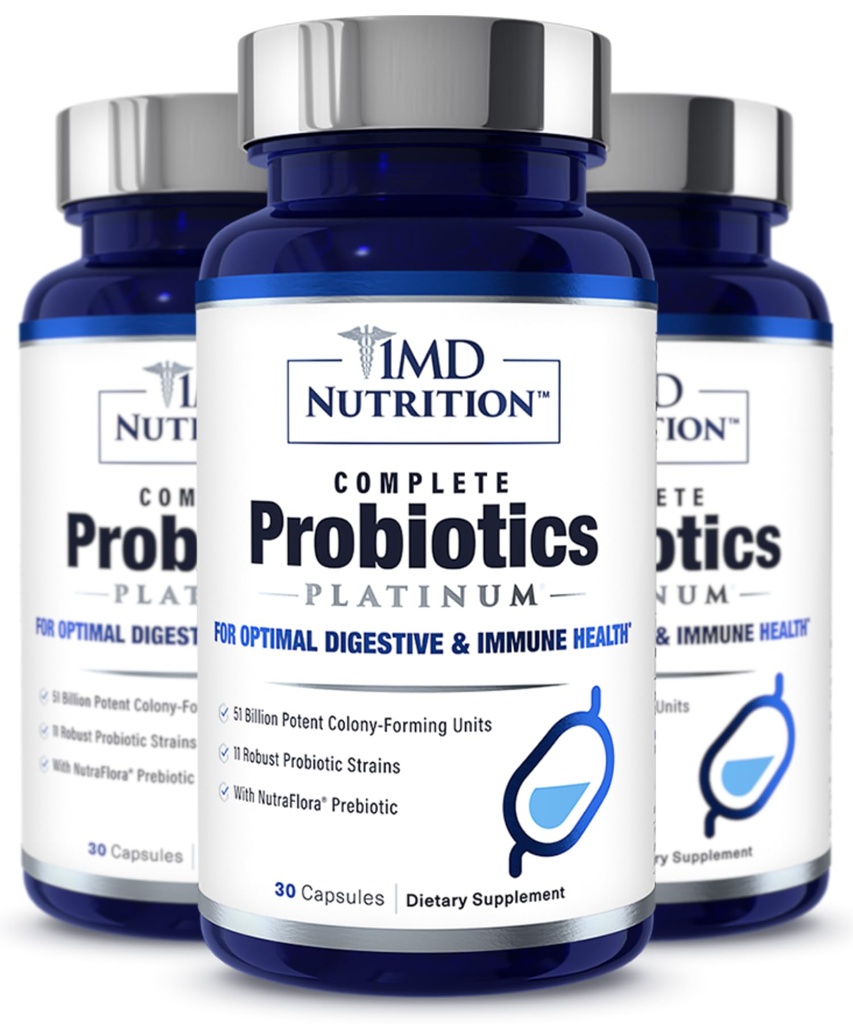 1MD Probióticos completos Platinum ← Apoya la Salud Digestiva Silencioso con Prebióticos de Nutrición, 51 Billion Live CFU, 11 Strains, Dairy-Free TEN 30 cápsulas vegetales (3-Pack)