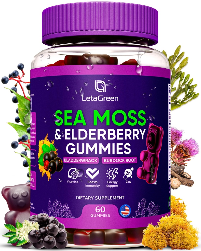 Irlandés Moss Gummies – Bladderwrack Burdock Root Elderberry Vitamin C & Zinc – 60 Vegan Seamoss Gummy Bears for Adultos Niños Mujeres – Multimineral Elderberry Vitaminas