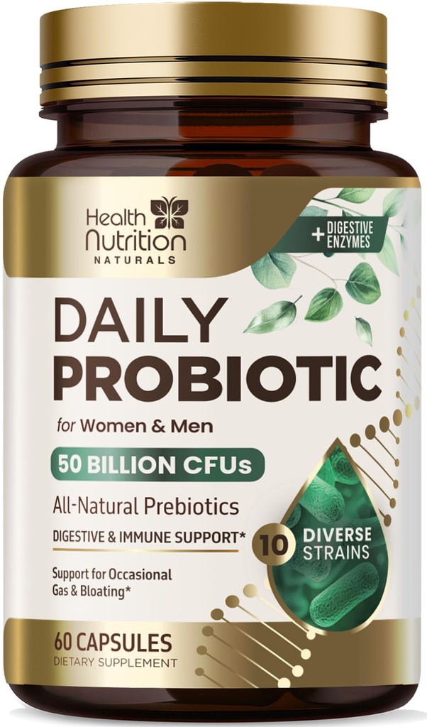 Probióticos 60 Billones CFU + 10 Strains - Daily Probiotic Lactobacillus Blend for Immune, Digestive & Gut Health Support, Prebióticos y Probióticos, Gas &amp; Bloating for Women &amp; Hombre - 60 cápsulas