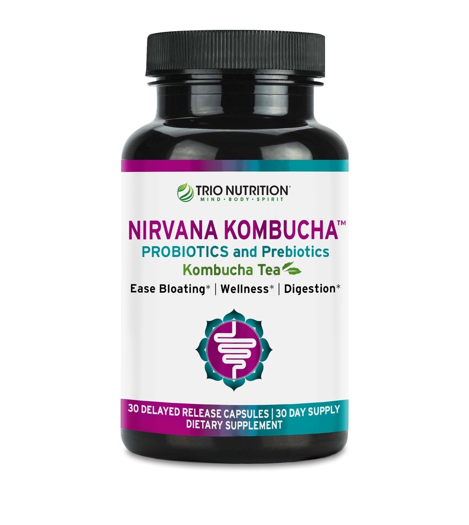 TRIO NUTRITION Nirvana Kombucha - Multi-Strain Probiotics " Prebiotic Blend with Organic Tea - Delayed-Release Capsules for Digestive " Immune Health - Bloating Relief - Natural pH Balance