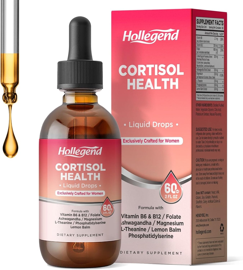 Cortisol Suplementos para Mujeres, Cortisol Wellness Liquid Drops, 16 en 1 Cortisol Detox Reductor w. Ashwagandha, Magnesium, L-Theanine, Folate for Relaxation &amp; Hormone Balance, Strawberry