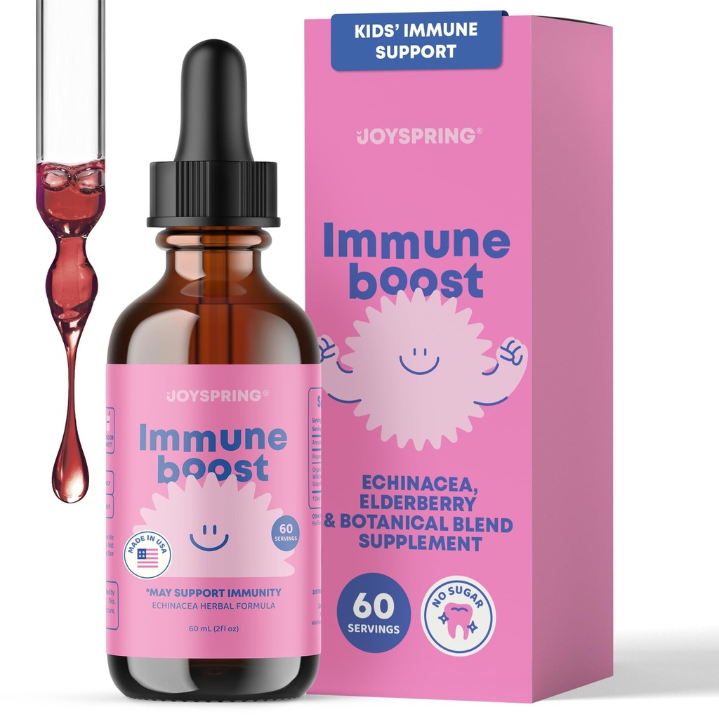 JoySpring Immune Drops - Kids Immune Support Liquid Supplement (2 fl oz) - Echinacea, Elderberry, Oregon Grape Root, Orange Peel, Vitaminas A, B6, C - Natural Support System for Children &amp; Adults