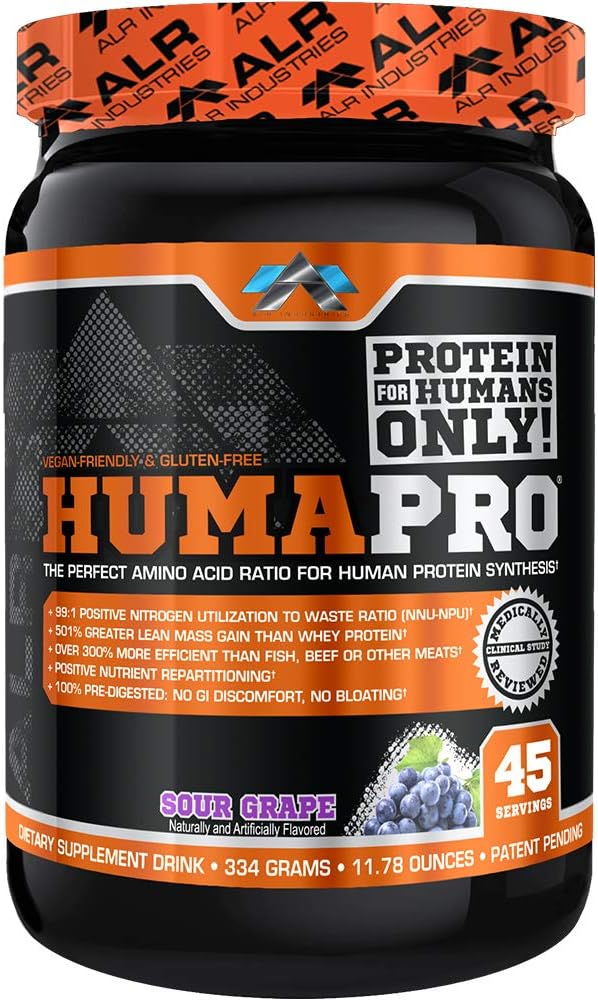 Humapro ← Aminoácidos Matriz Proteína para los seres humanos TENIDO 99% Utilización para el músculo magro TEN Vegan, Gluten Free TEN 334g / 45 Servings (Sour Grape)