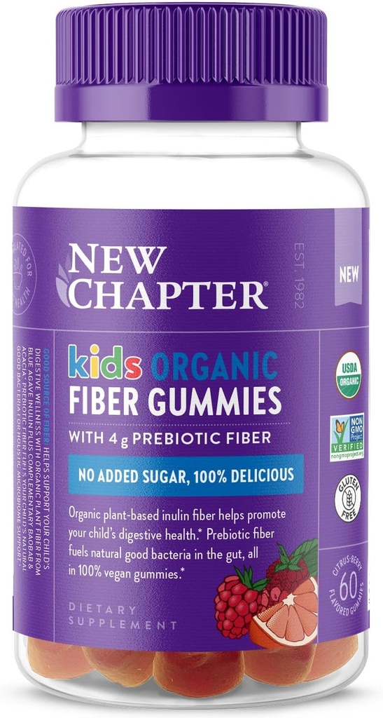 Nuevo Capítulo Gummies de fibra orgánica para niños, 4g fibra prebiótica de base vegetal para la salud digestiva, vegano, no transgénico, USDA Organic, Gluten Free, Citrus-Berry Flavored, 60 ct