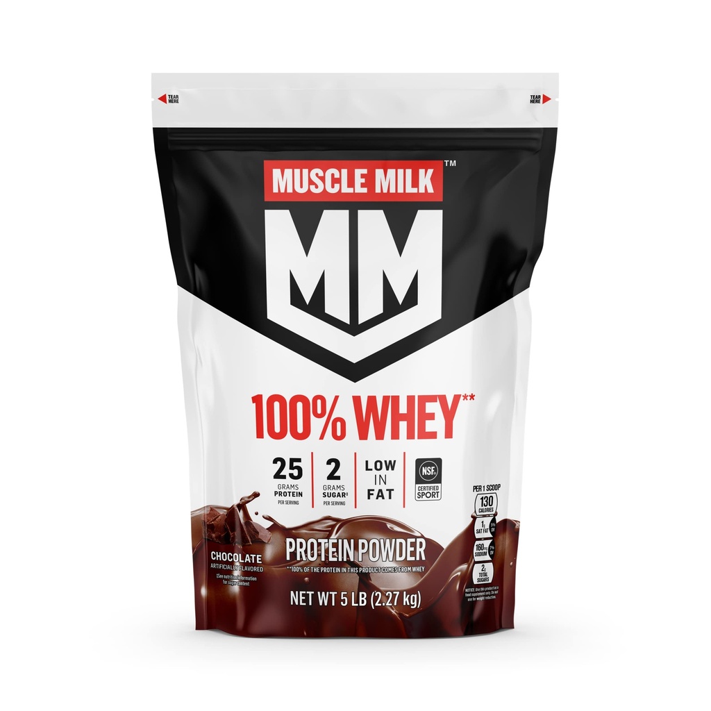 Muscle Milk 100% Whey Protein Powder, Chocolate, 5 libras, 66 piezas, 25g Protein, 2g Sugar, Bajo en grasa, NSF certificado para el deporte, Energizing Snack, Workout Recovery, Packaging May Vary