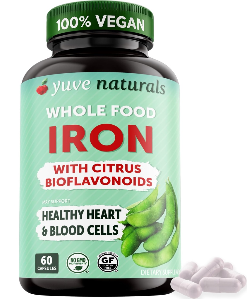 Yuve 100% Vegan Whole Food Chelated Iron Suplemento 18mg – Sin sabor, sin receta, suave sobre Stomach, Energy Support – Gluten-Free, Non-GMO, 60 cápsulas