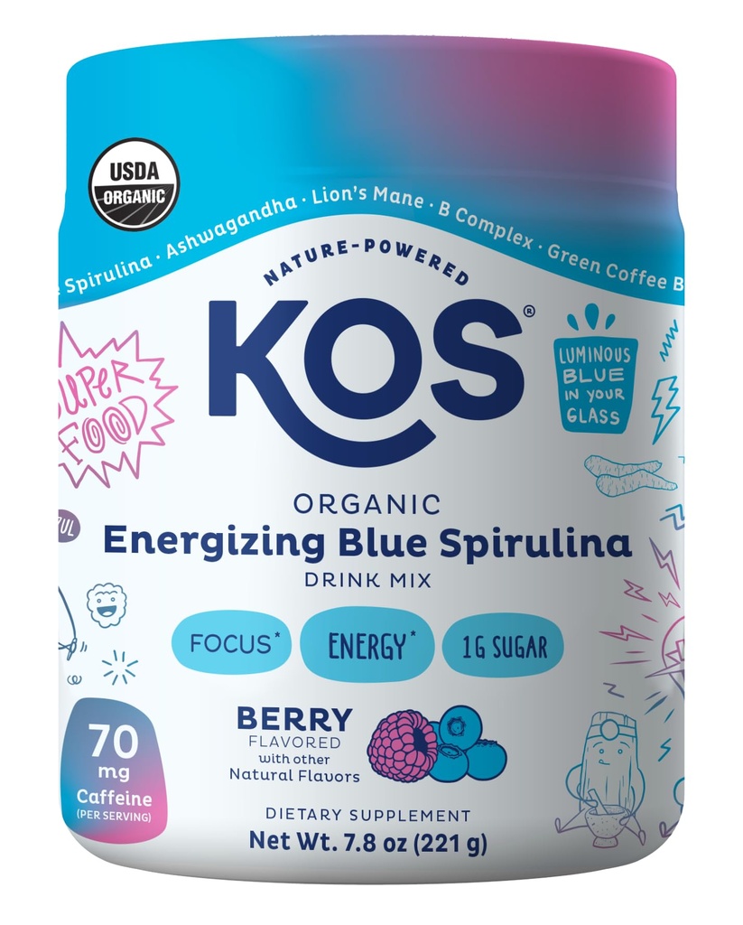 KOS Energizing Blue Spirulina Blend - USDA Certified Organic - B Vitaminas, Ashwagandha, Ginseng, Adaptogens, Biotin - Vegan Pre Workout Powder - Caffeinated, Berry Flavored, 28 Servings