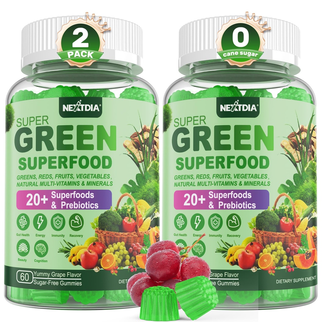 Super Greens Gummies, Greens Superfood Powder Alternative w/Spirulina, Clorella, Prebiotic Fiber, Probiotic, Fruit Veggie, Daily Fruit Vegetable for Digestive " Gut Health, Immunity, Focus, 120 Cts