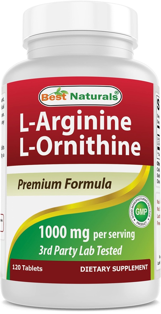 Mejores Naturales L-Arginina L-Ornithine - 1000mg por Serving - 120 Tabletas - No GMO & Gluten Gratis (120 Cuenta (Pack of 1))