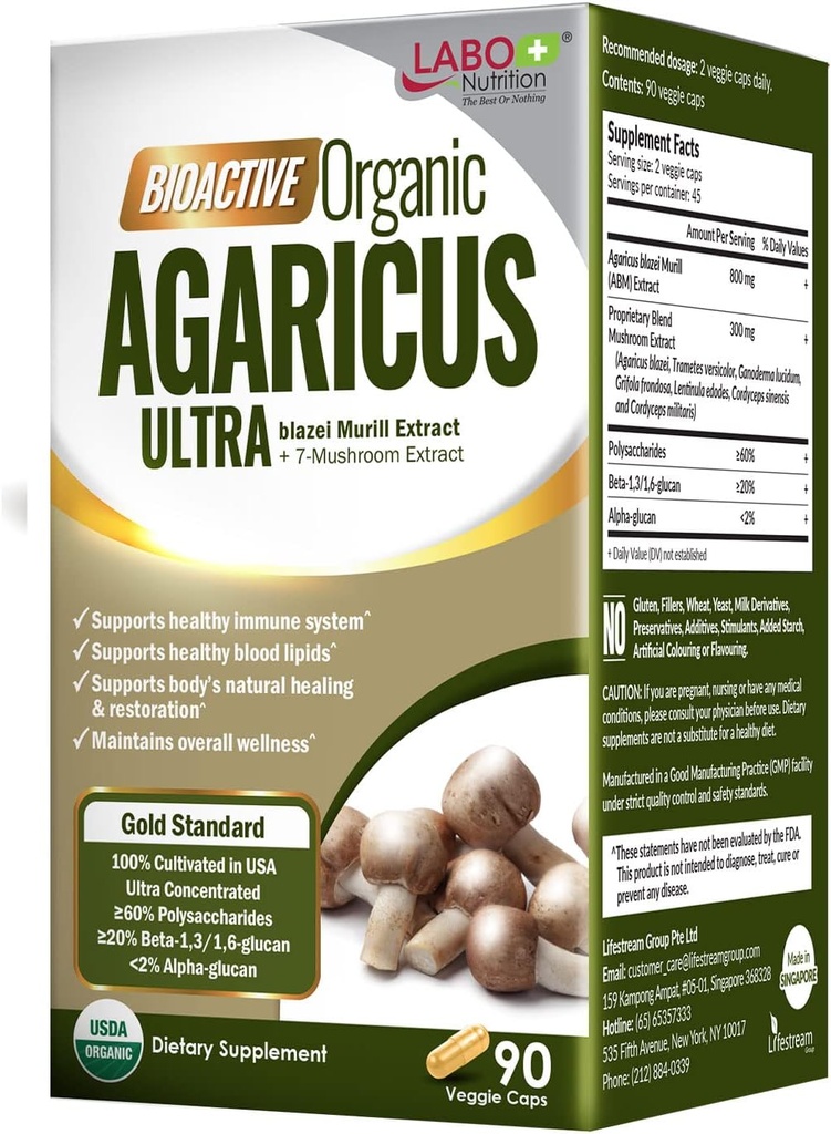LABO Nutrition Bioactive Organic Agaricus Ultra - 7 Mushroom Extract Supplement Agaricus blazei Murill Cordyceps, Maitake, Turquía Tail, Lingzhi, Shiitake for Advanced Immune Support, USDA Organic