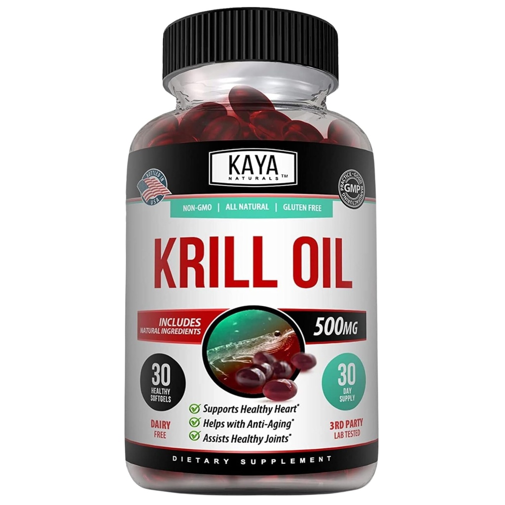 Kaya Naturals - Antártico Krill Oil 500mg con Omega 3, EPA, DHA, Phospholipids &amp; Astaxanthin Suplemento - Cerebro &amp; Salud Vitamina - Anti envejecimiento Suplemento - 30 cuenta Softgels
