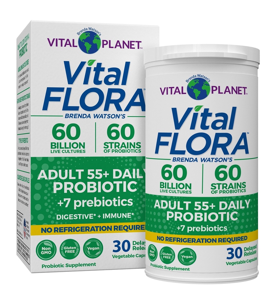 Vital Planet - Vital Flora Adultos Más de 55 Daily Probiotic 60 Billion CFU, Diverse Strains, Prebióticos Orgánicos, Estante de Salud Inmune y Digestivo Probióticos Estables para Mujeres y Hombres, 30 cápsulas