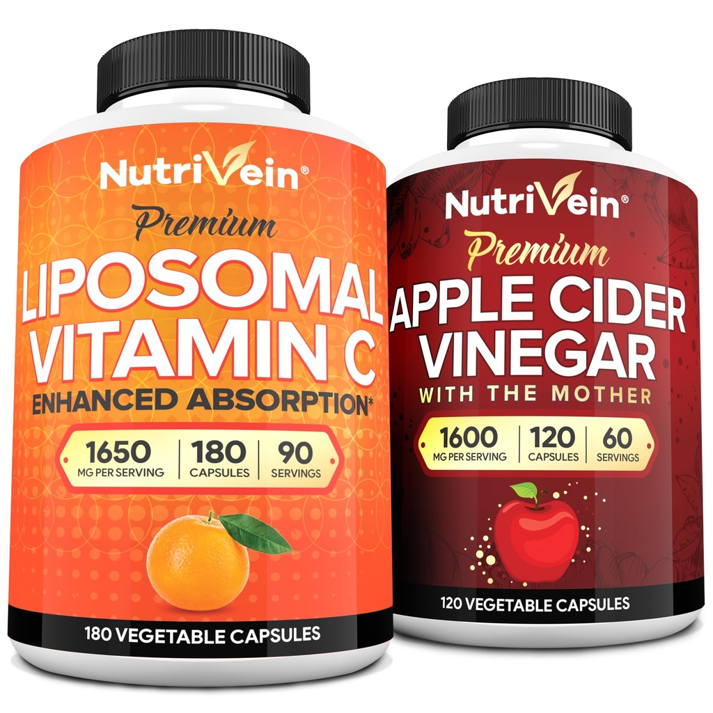 Nutrivein Premium Apple Cider Vinegar Capsules &amp; Liposomal Vitamina C Supplement Bundle: High-Absorption Vitamin C Capsules &amp; Apple Cider Vinegar Suplementos Bundle for Immune Defenses &amp; Gut Health