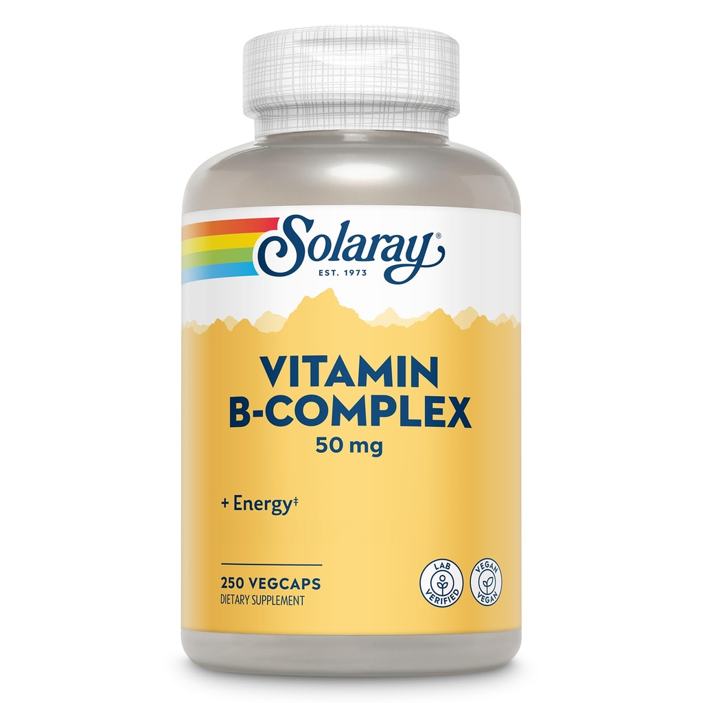 SOLARAY Vitamina B Complejo 50 mg - Vitaminas Celulares de Energía - Metabolismo y Nerve Salud Apoyo con Vitamina B12, Vitamina B1, B6, Niacina, Ácido Fólico, Biotina y Otras Vitaminas B - Vegan, 250 VegCaps