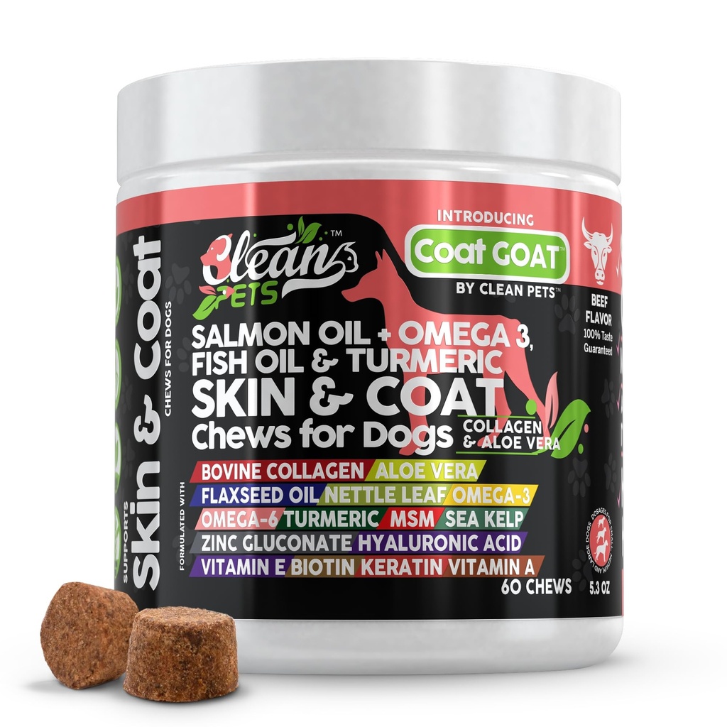 Aceite de Salmon Omega 3 Aceite de pescado para perros Skin and Coat Suplemento Ø Perro Collagen Aloe Vera Biotina Keratina Flaxseed Nettle Leaf Sea Kelp Hialuronic Acid Brewers Yeast Vitamina A - Coat Goat