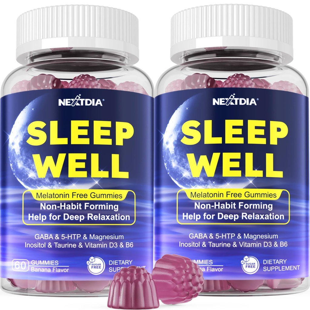 Melatonin Free Sleep Gummies with Magnesium Glycinate, GABA, 5-HTP, L-Theanine, Valerian, Chamomile, Lemon Balm, Vitamina D3 &amp; B6 - Hormone &amp; Drug- Free, Non-Habit Forming,2 Pack