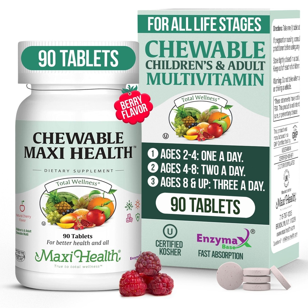 Maxi Health Chewable Multivitamin para niños, adolescentes y adultos - Cherry Chewable Vitaminas para adultos y niños - Kosher Kids Multivitamin + hierro (90 Tablets)