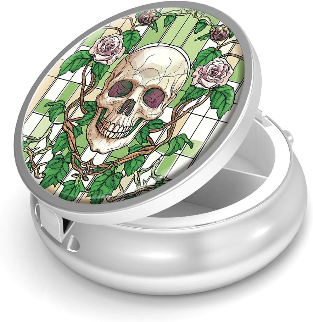 Pill Box-3 Compartment Funda de pequeña pill para purse &amp; Pocket Mini Metal Pill Holder Travel Pill Container to Hold Supplements Vitamins BPA-Free (Skull y Rose)