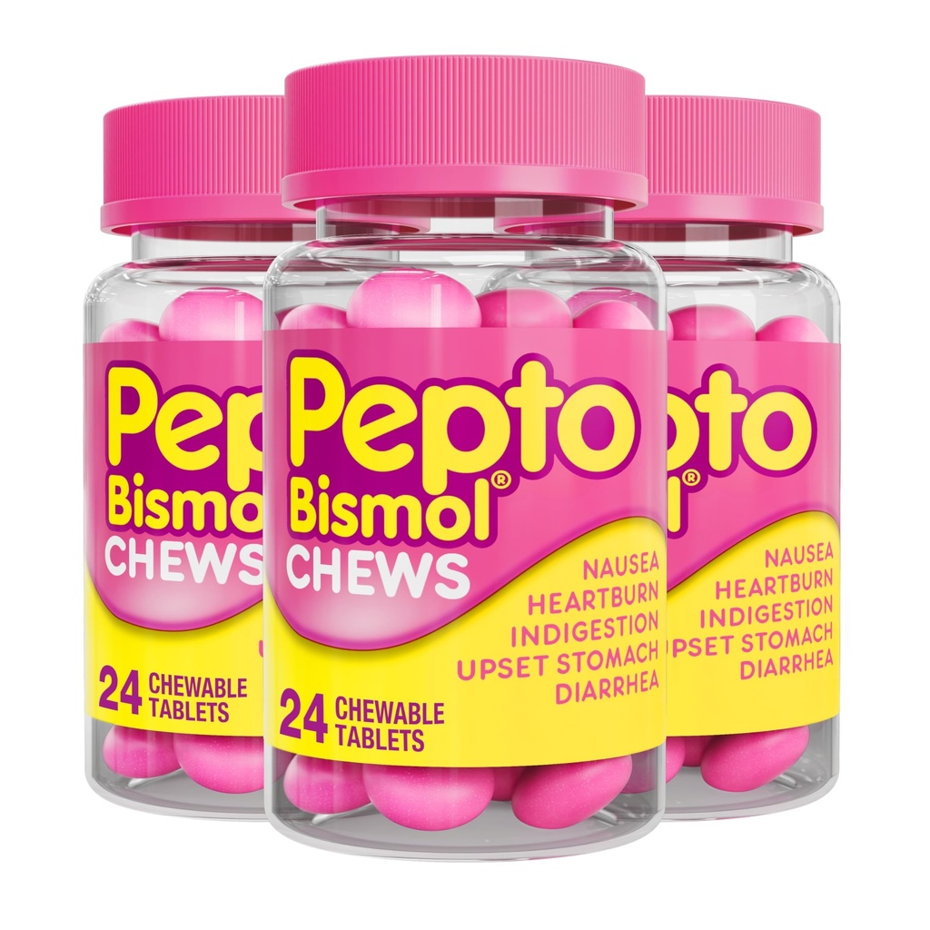 Pepto Bismol Chews, Alivio Digestivo rápido y eficaz de Nausea, Heartburn, Indigestion, Upset Stomach, Diarrhea, 72 Total (3 Packs de 24)