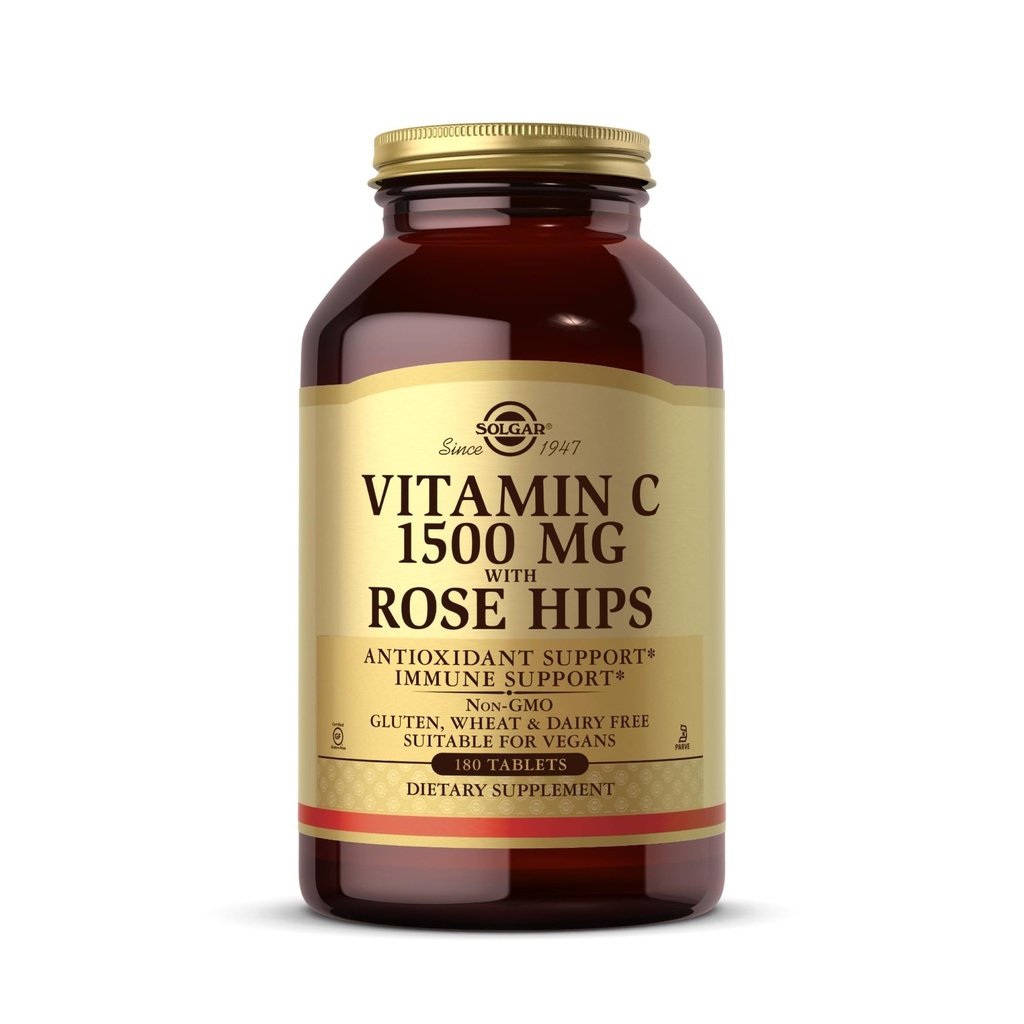 Solgar Vitamina C 1500 mg con Rose Hips, 180 Tablets - Antioxidante &amp; Immune Support - Salud general - Soportes Esquí saludable &amp; Juntas - No GMO, Vegan, Gluten Gratis, Dairy Free, Kosher - 180 Serviciones