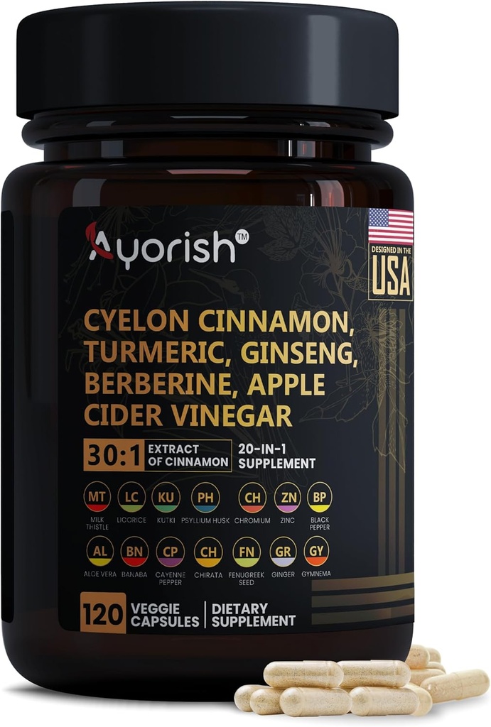 Ceylon Cinnamon Capsule 30:1 Extracto Equivalente a 9000mg ¦ Turmeric, Ginseng, Apple Cider Vinegar Berberine Plus Bitter Melon Gymnema, Kutki, Chirata 120 Veg Capsules – 60 días Suministro