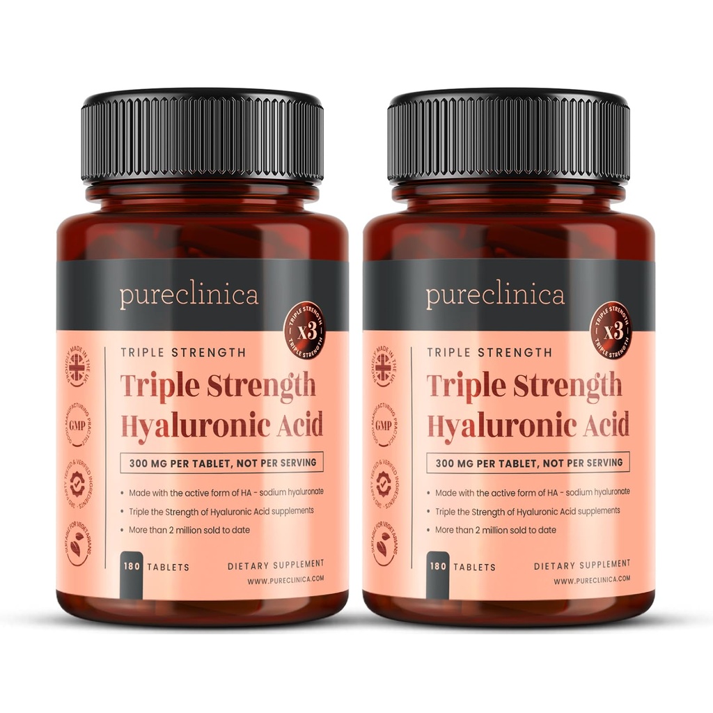 purclinica Ácido hialurónico 300mg x 360 Tabletas (2 Botellas de 180-12 Meses fuente). Ácido Hialurónico de Fuerza Triple. 300% más fuerte que cualquier otra tabla HLA.