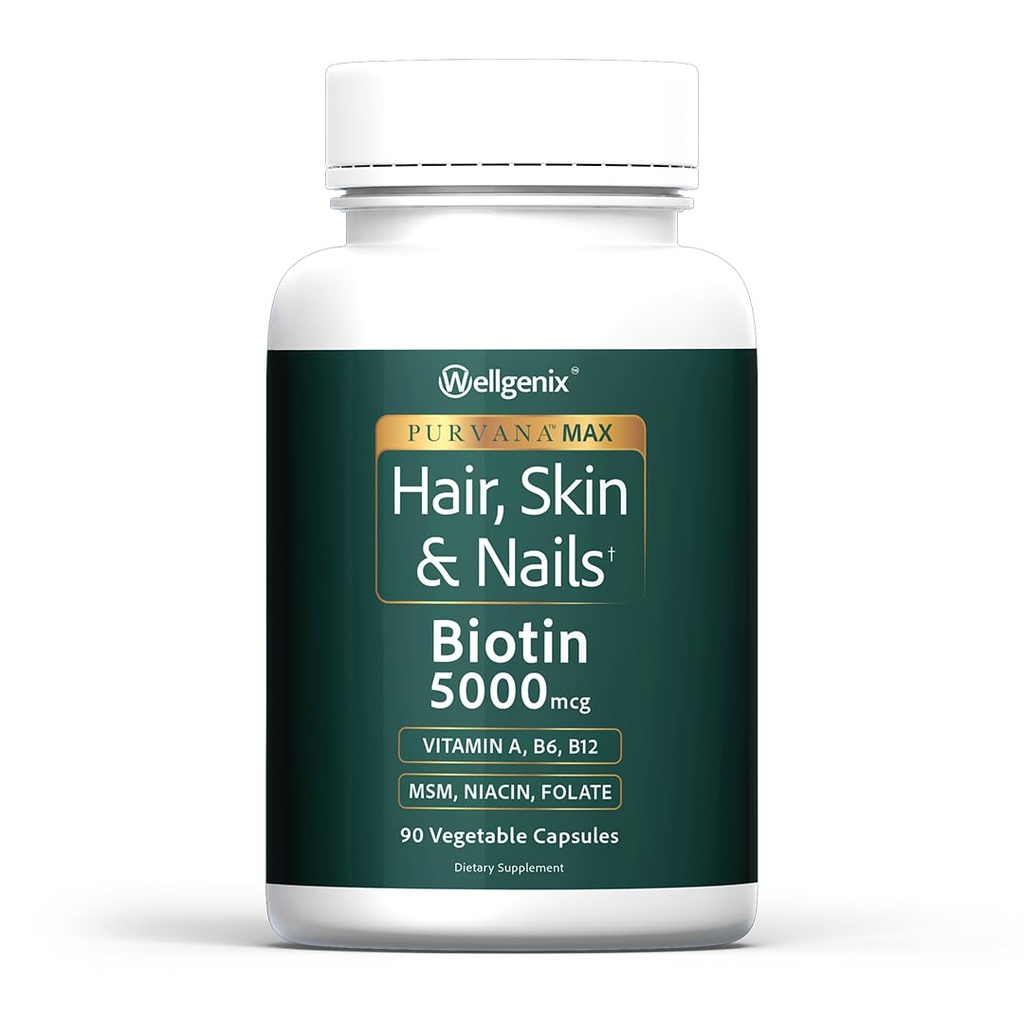 Wellgenix Purvana Max Hair, Skin & Nails Vitamina: Biotin 5000mcg para el crecimiento del cabello mejorado, Prevención de la pérdida del cabello para hombres y mujeres, Vegan, Ideal para Post Partum & PCOS, 90 Cuenta, Pack de 1