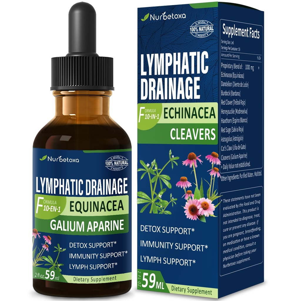 Cleavers Limphatic Drainage Drops for Lymph System Detox Cleanse, Lymphedema Support Supplement Formula w/Echinacea, Cat’s Claw, Red Clover Extract Tincture, Use with Lymph Massage Tool. 2oz