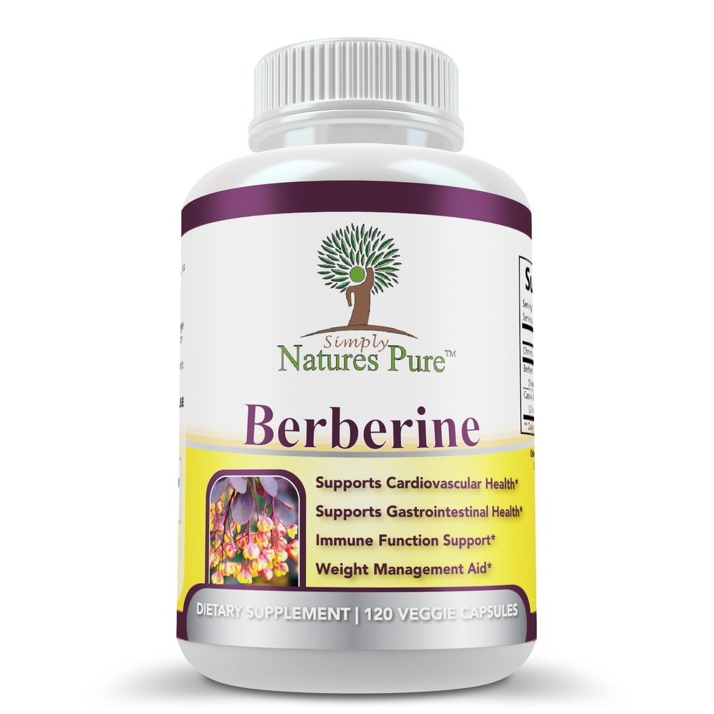 Simplemente Naturalezas Pura Premium Berberina HCl 500mg - 120 cápsulas - Cardiovascular Gastrointestinal Immune Support - Chromium Cinnamon