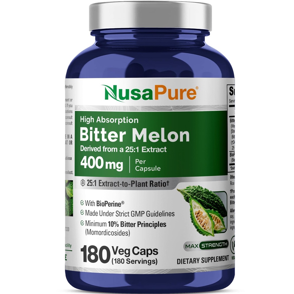 NusaPure Bitter Melon Extracto 10.000 mg 180 Vegan Caps (100% Vegetariano, No GMO, Libre de gluten, 10% Bitter Principles) Bioperina