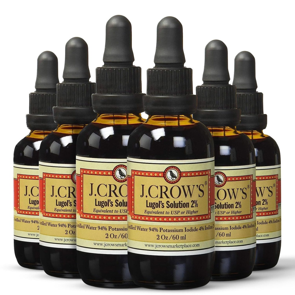 J.CROW'S® Lugol's Solution of Iodine 2% 2 oz (6 Bottle) – Premium Iodine & Potassium Iodide Liquid, Gluten & Alcohol-Free Natural Brine Extract, No Expiration - 1200 Drops