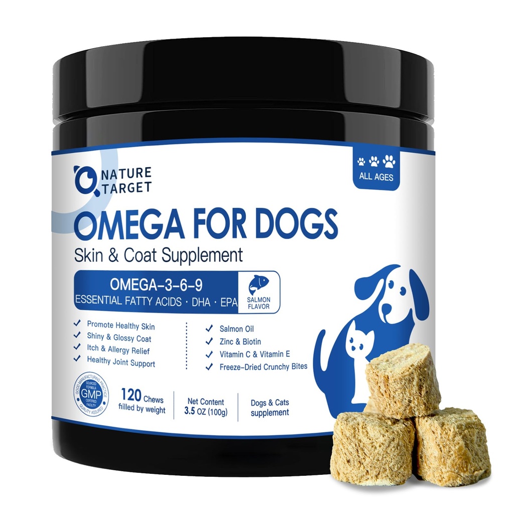 NATURE TARGET Omega 3 Fish Oil for Dogs, Salmon Oil for Skin & Coat Supplement with EPA & DHA Fatty Acids - Dog Itch & Alivio de Alergia, Anti Shedding, Hot Spots Treatment - Hip &amp; Joint Support - 120ct