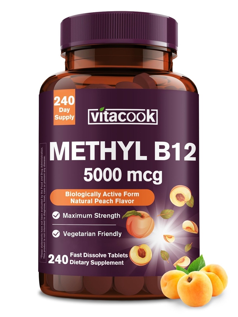 Vitamina B12 Sublingual, Methylcobalamin 5000mcg para la producción de energía, energía, Nerve & Cell Support, Natural Peach Flavor, Vegan, Zero Sugar, 240 Fast Dissolve Tablets