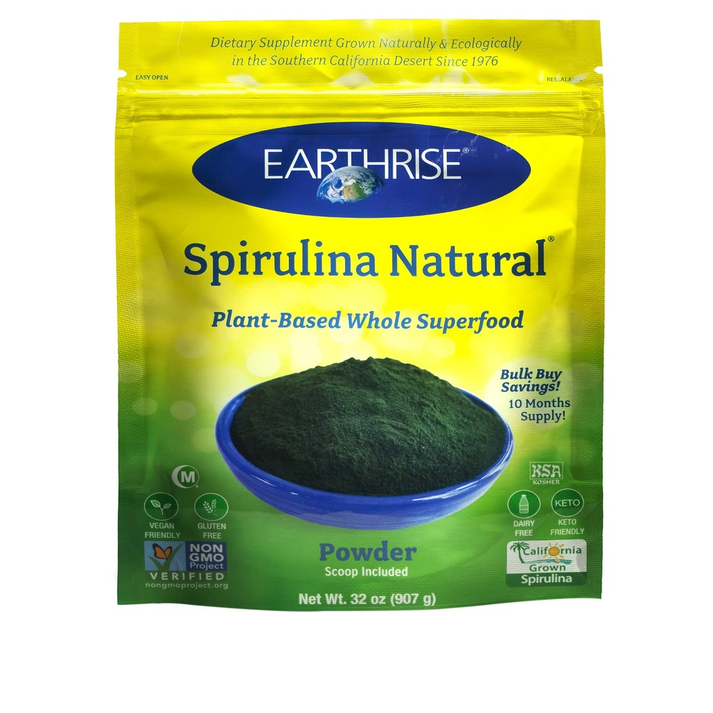 Earthrise Spirulina Natural Powder 32oz, Natural Premium Spirulina de California- Vegan, Gluten Free, Keto Friendly, Non -GMO Super Food high in Vitamins & Minerals. (2 LB)