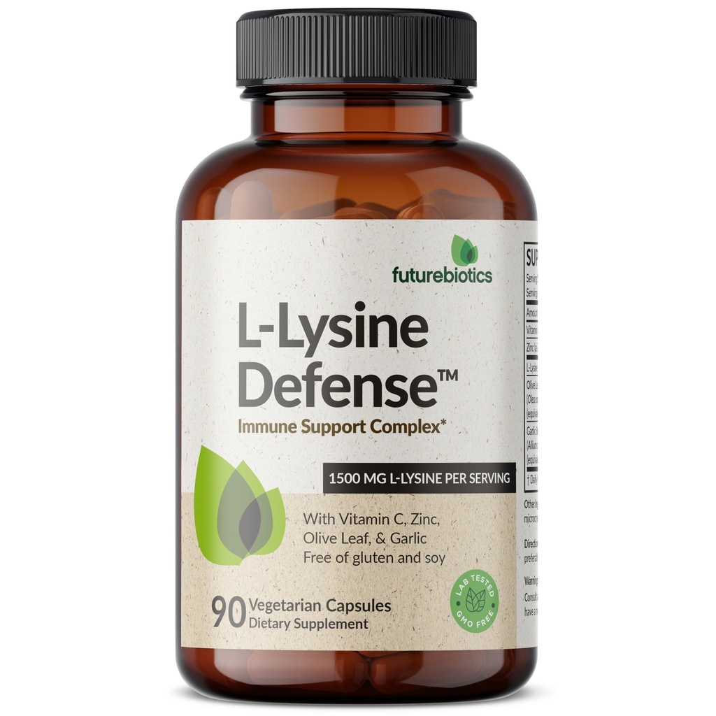 Futurebiotics L-Lysine Defense Immune Support Complex 1500 MG Por Serving with Vitamin C, Zinc, Olive Leaf & Garlic - Non-GMO, 90 Vegetarian Capsules