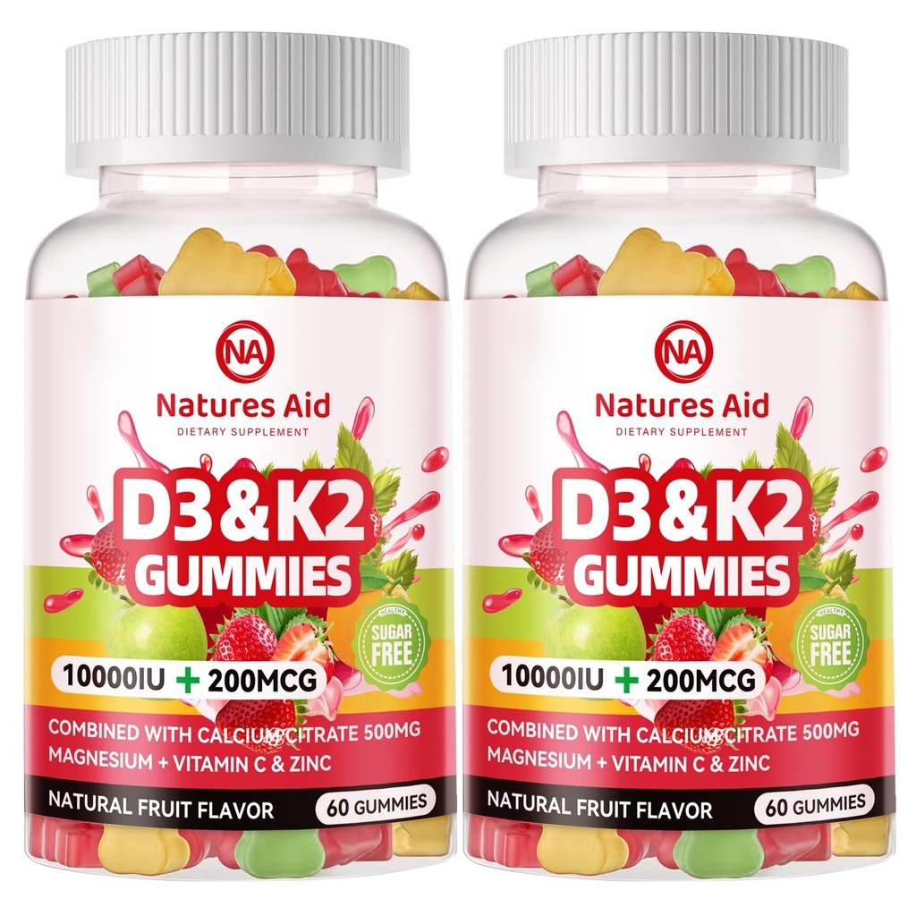 Natures Aid Vitamina libre de azúcar D3 K2 Gummies con Calcio + K2 (MK-7), Citrato de Magnesio, Vitamina C, Extra Strength - Ultimate Absorption for Bone Muscle Teeth Immune, Vegan - 120 Gummies