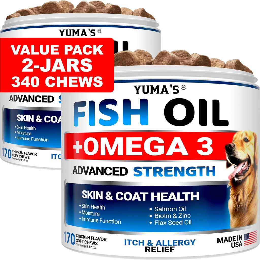(2 Pack) Omega 3 Fish Oil for Dogs - 170 Chews - Skin and Coat Supplement - Omega 3 for Dogs - Tratamiento de la piel seca y picante - Alivio de la alergia Dog Anti Shedding Treats - Salmon - Chicken Flavor